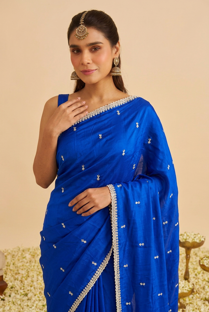 Satin silk Saree with Stone, Thread work.