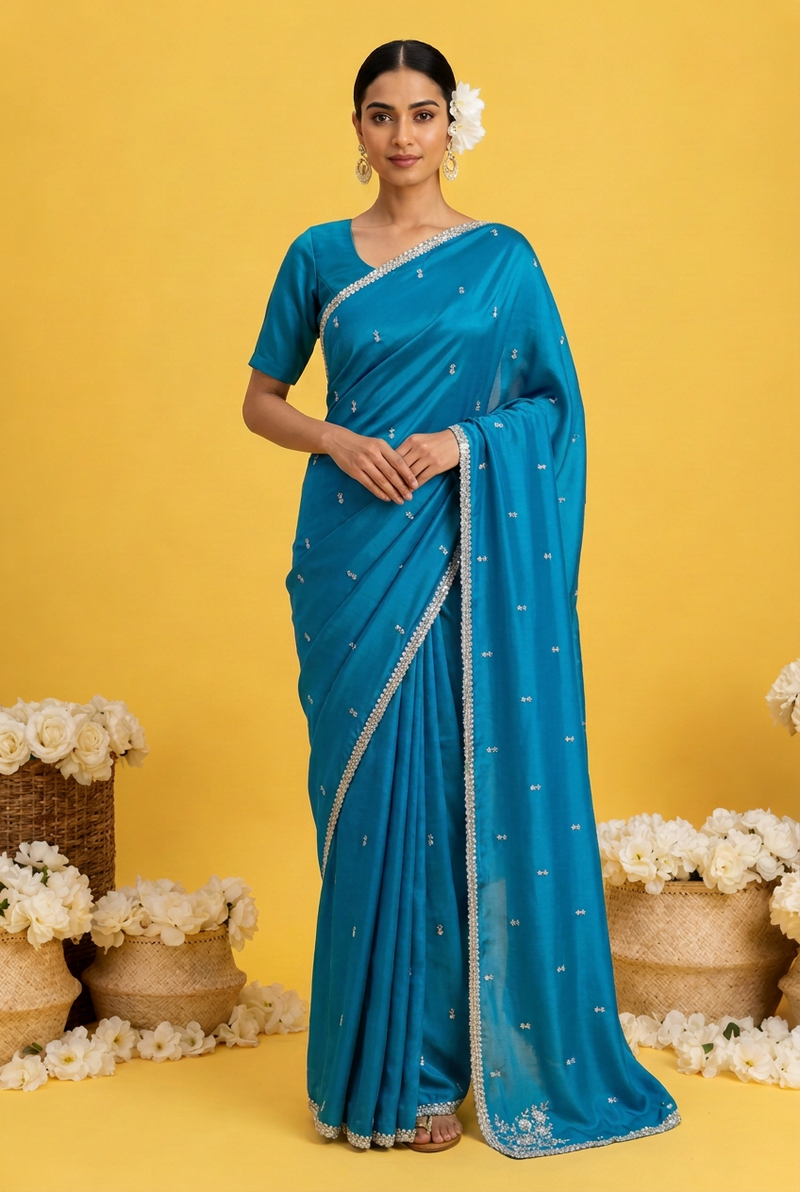 Satin silk Saree with Stone, Thread work.