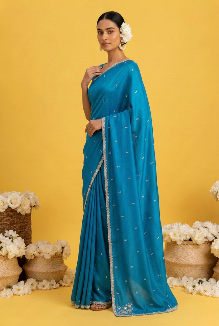 Satin silk Saree with Stone, Thread work.