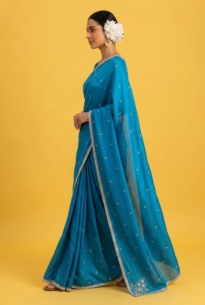 Satin silk Saree with Stone, Thread work.