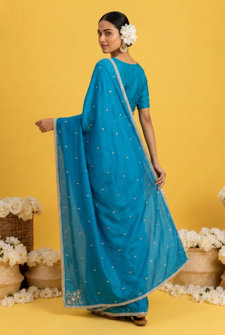 Satin silk Saree with Stone, Thread work.