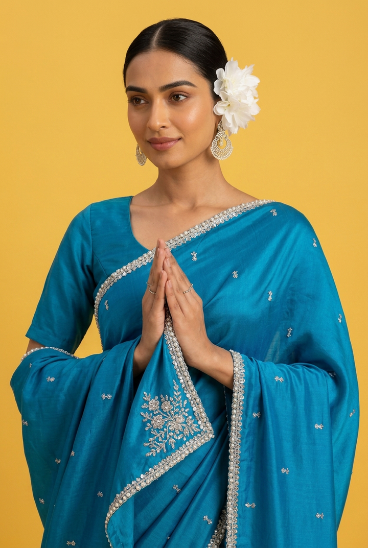 Satin silk Saree with Stone, Thread work.