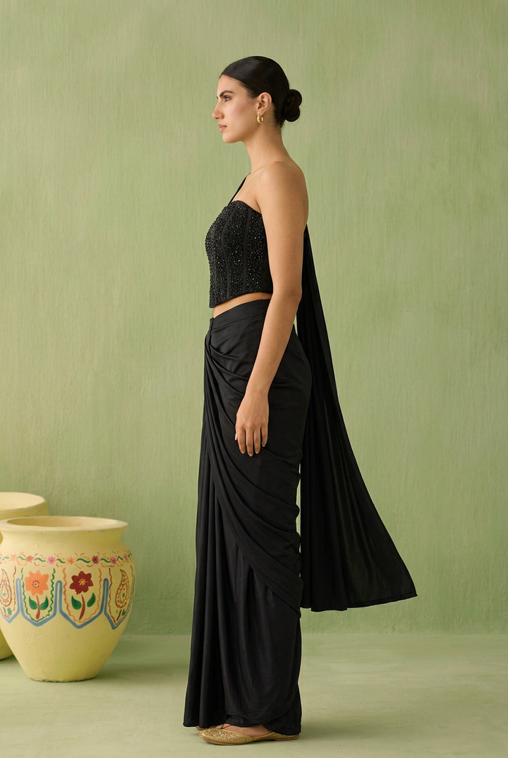 Satin Saree with Cutdana, Pearl, Stone work.