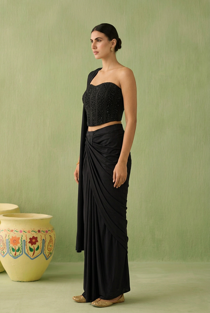 Satin Saree with Cutdana, Pearl, Stone work.