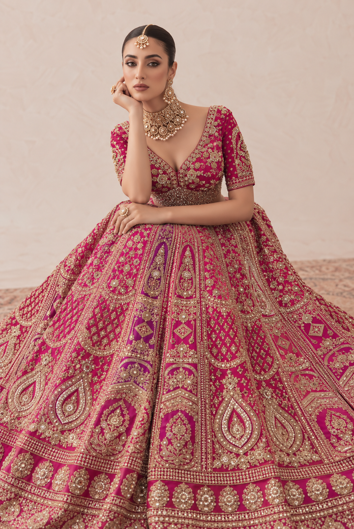 Silk Lehenga with Aari, Cutdana, Dori, Sequins, Stone, Thread, Zardozi, Zari work.