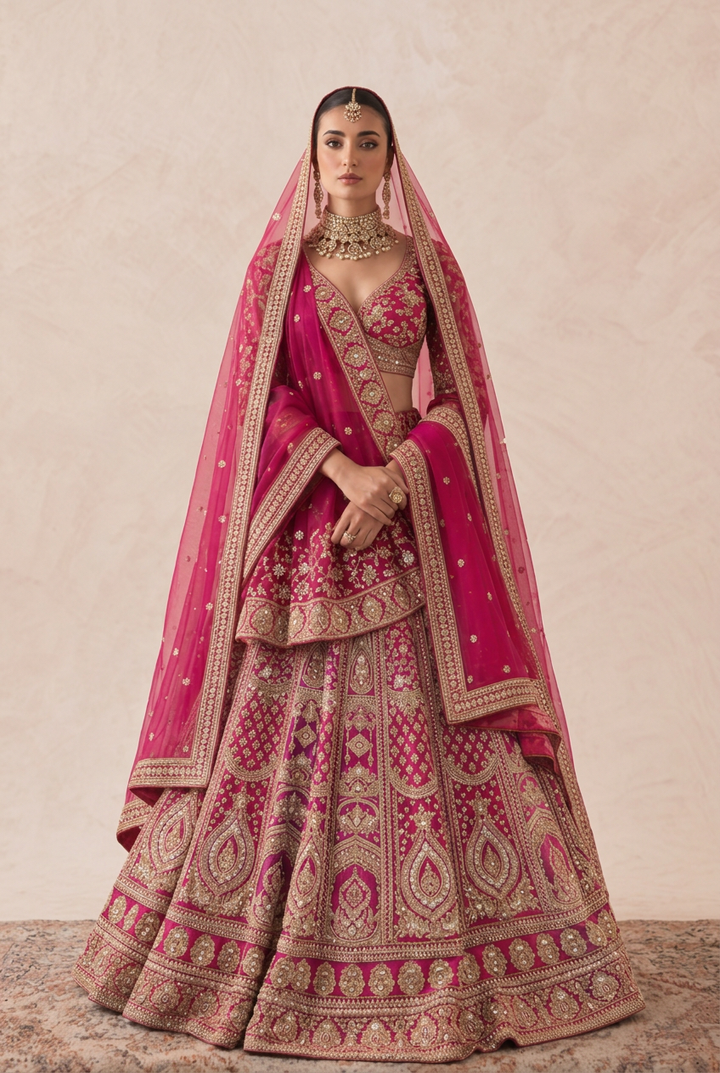 Silk Lehenga with Aari, Cutdana, Dori, Sequins, Stone, Thread, Zardozi, Zari work.