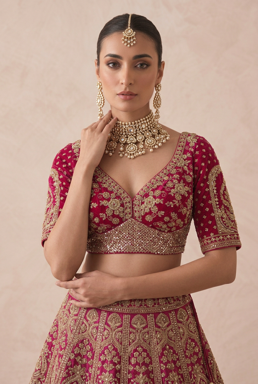 Silk Lehenga with Aari, Cutdana, Dori, Sequins, Stone, Thread, Zardozi, Zari work.