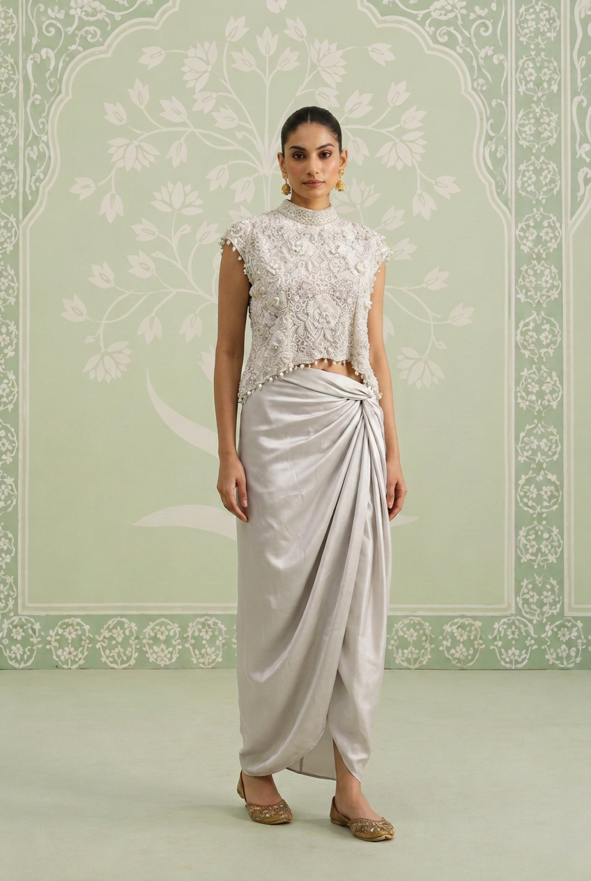 Silk Indowestern with Cutdana, Pearl, Sequins work.