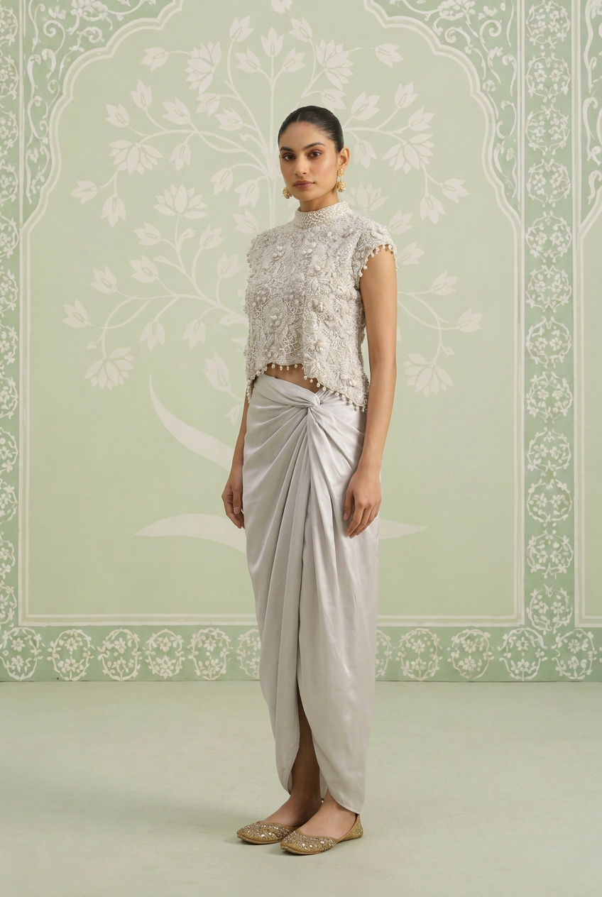 Silk Indowestern with Cutdana, Pearl, Sequins work.