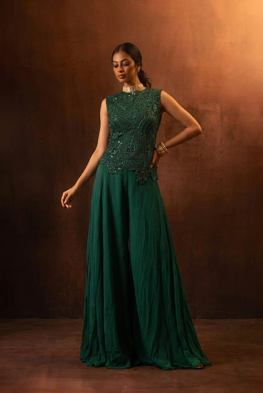 Georgette Indowestern with Cutdana, Sequins, Stone work.