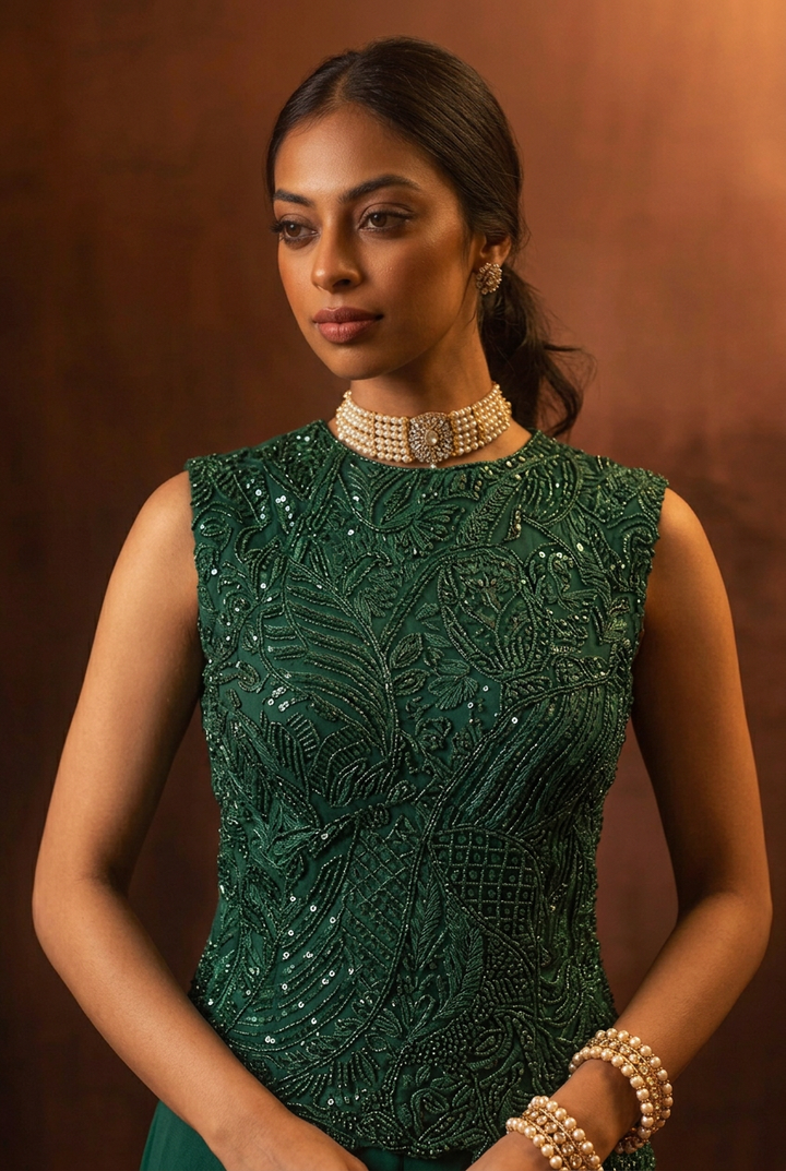 Georgette Indowestern with Cutdana, Sequins, Stone work.