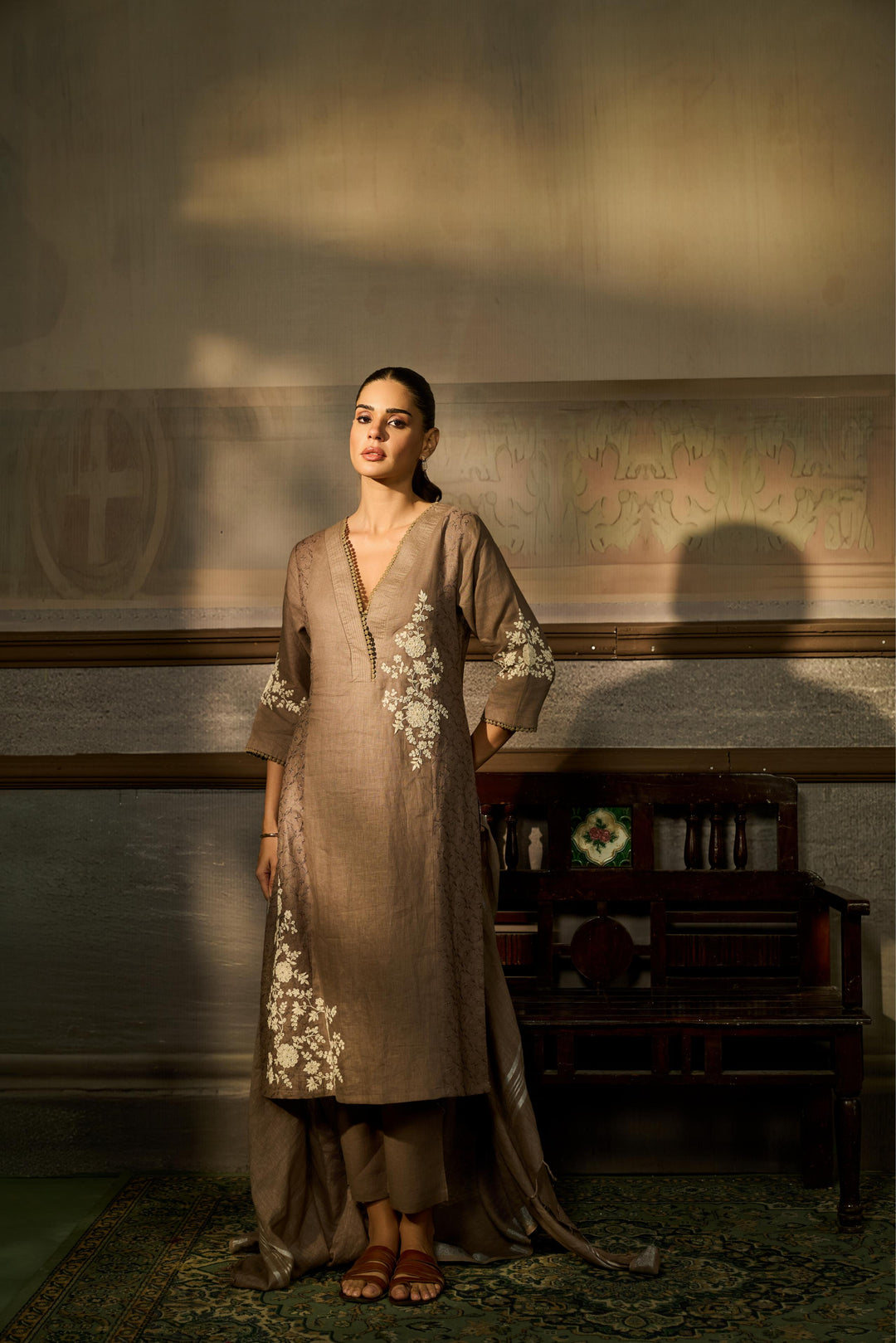 Linen Suit With Thread Work.