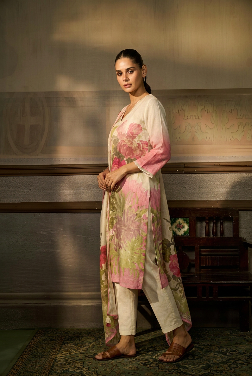 Linen Suit with Printed work.