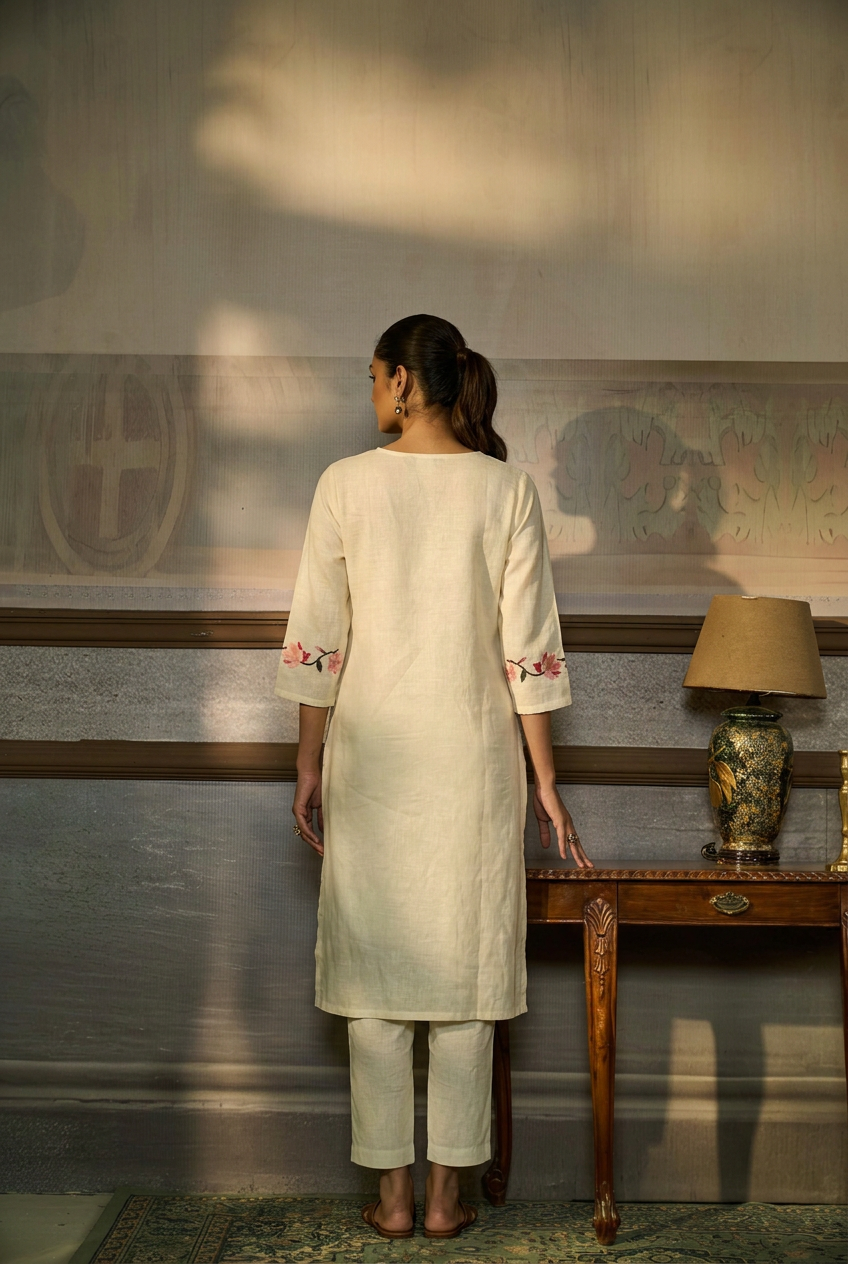 Linen Suit With Thread Work.