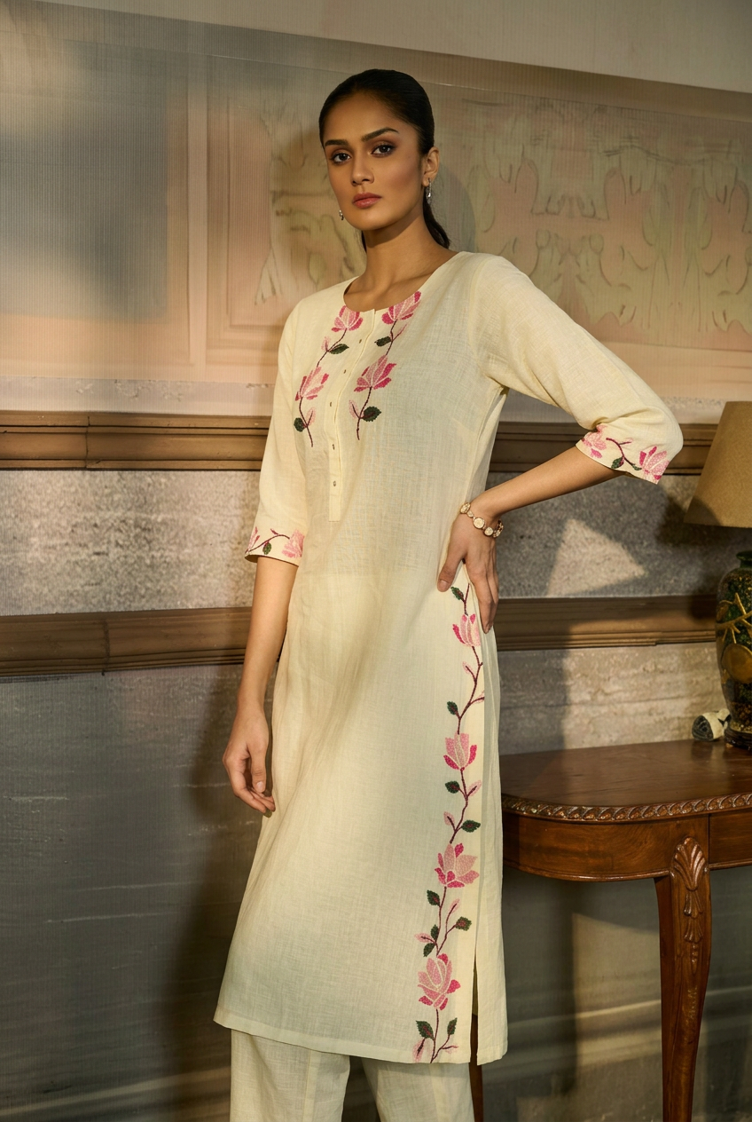 Linen Suit With Thread Work.