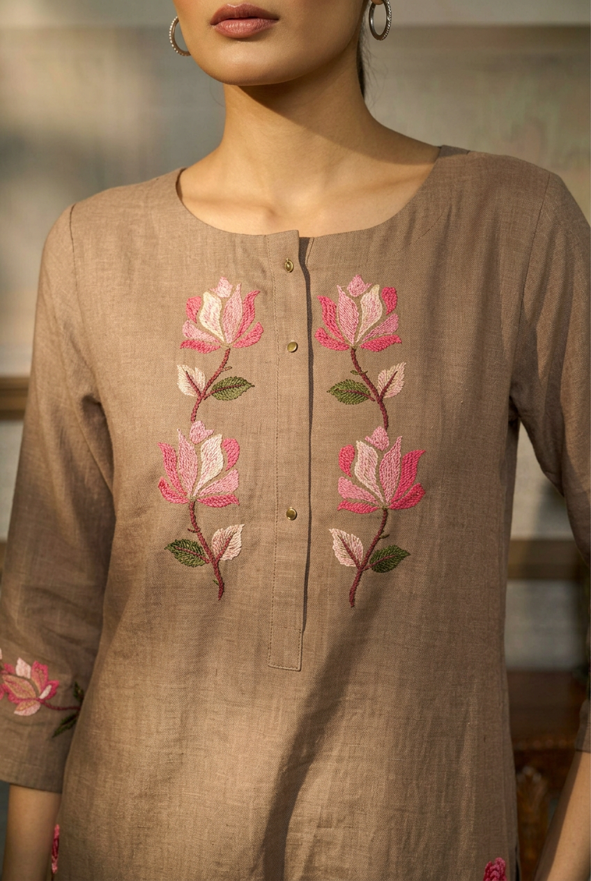Linen Suit With Thread Work.