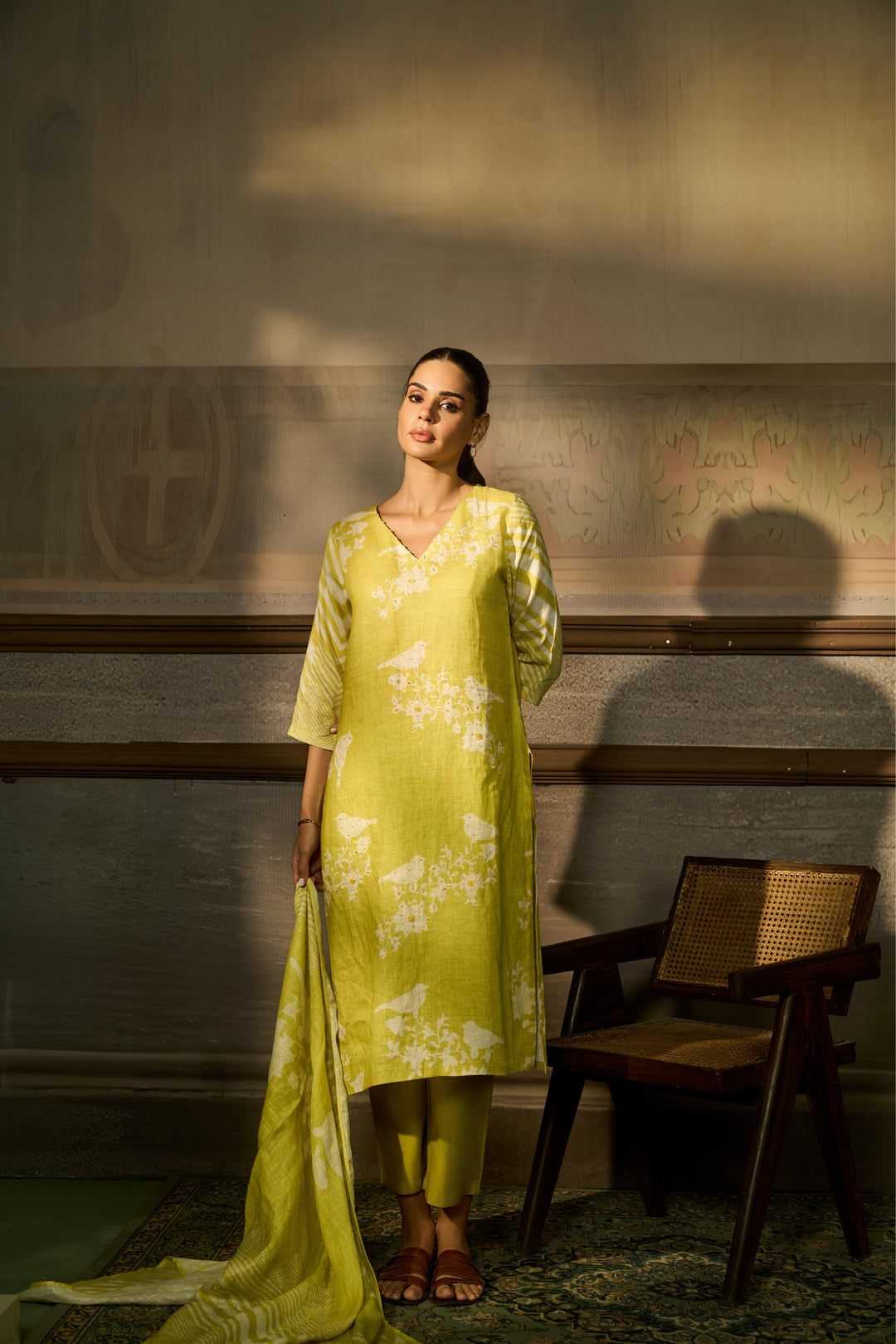 Printed Linen Suit With Sequins, Thread Work.
