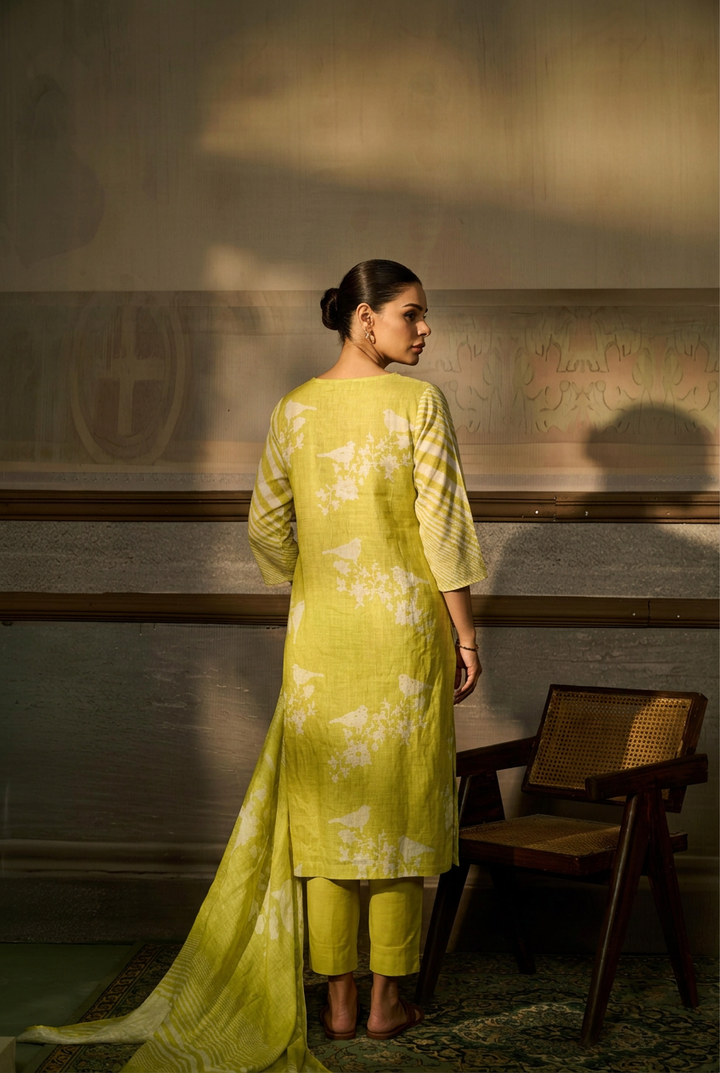 Printed Linen Suit with Sequins, Thread work.