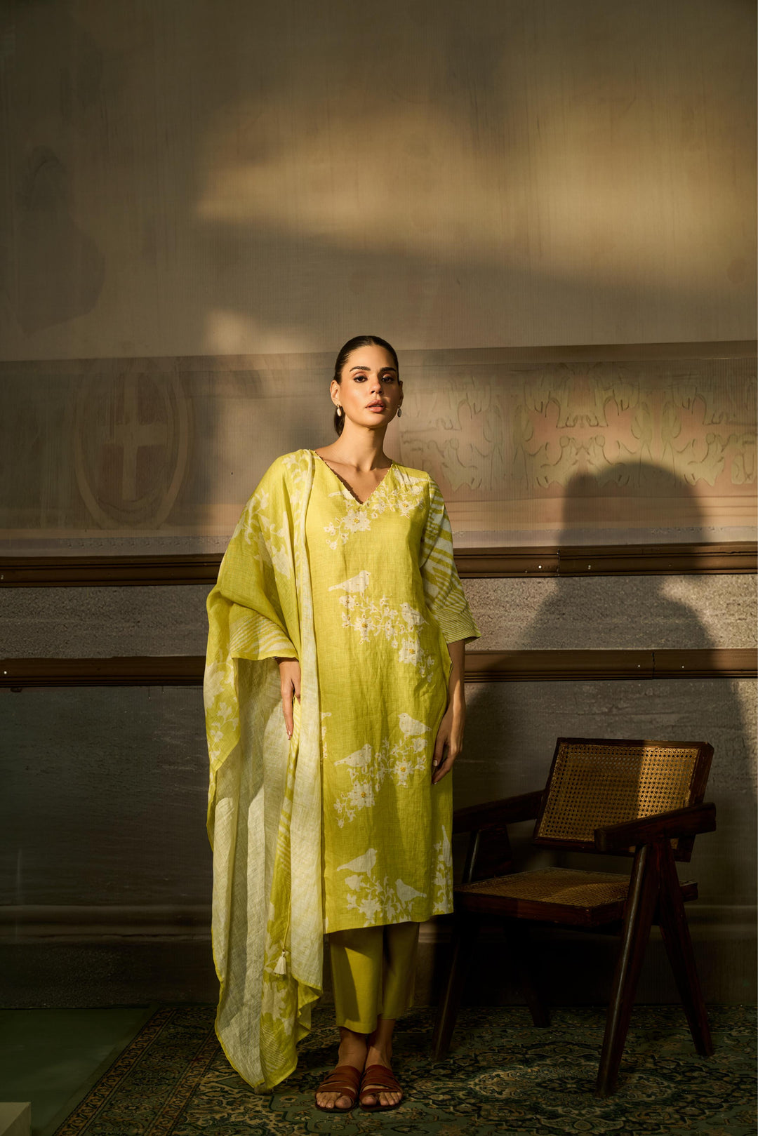 Printed Linen Suit With Sequins, Thread Work.