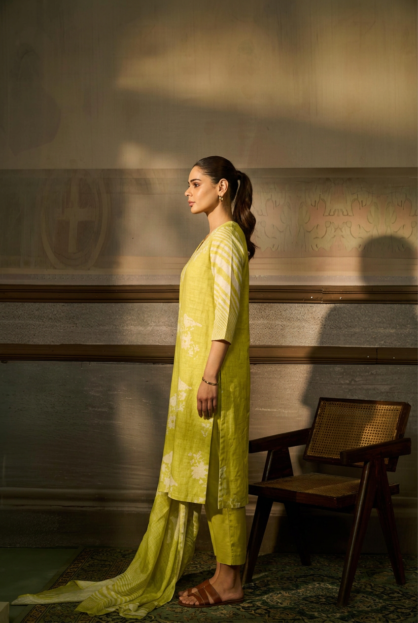 Printed Linen Suit With Sequins, Thread Work.