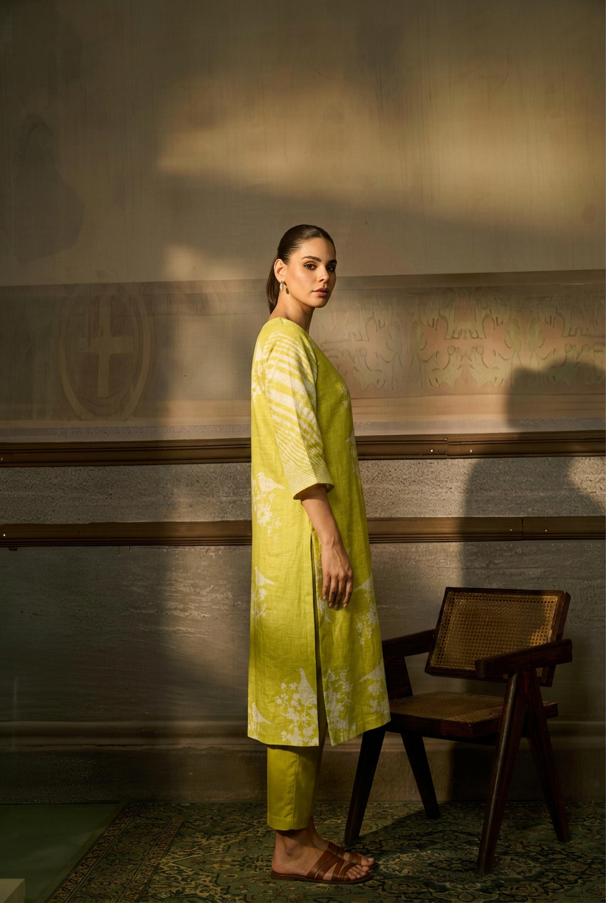 Printed Linen Suit with Sequins, Thread work.