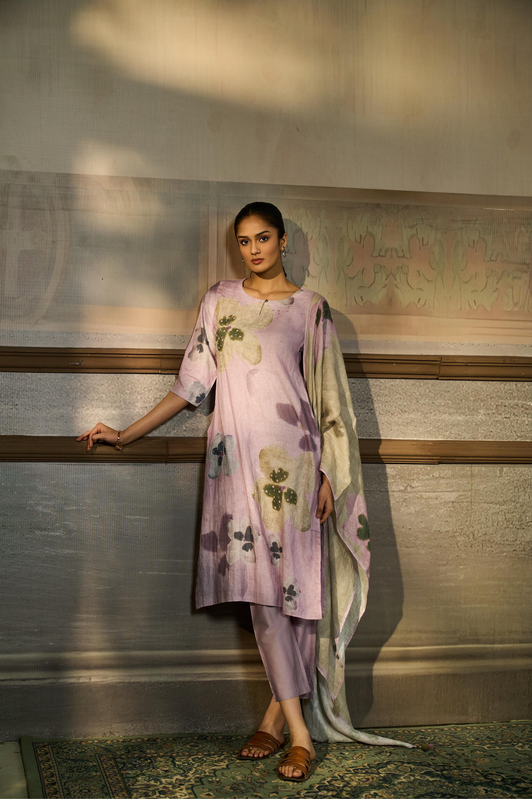 Printed Linen Suit With Sequins Work.