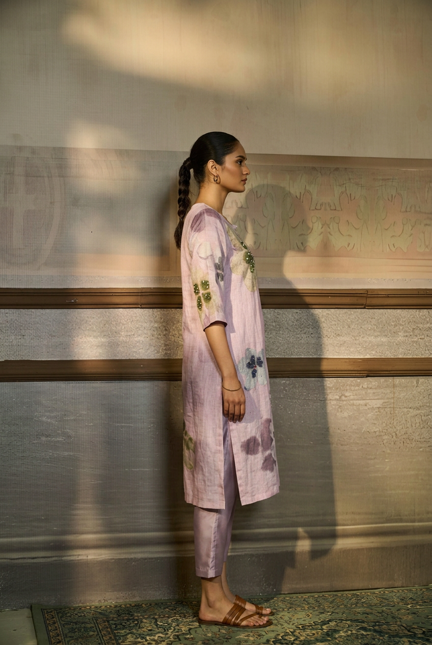 Printed Linen Suit With Sequins Work.