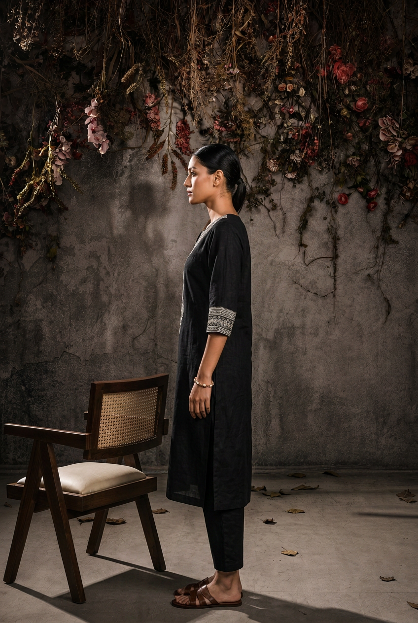 Linen Suit With Sequins, Thread Work.