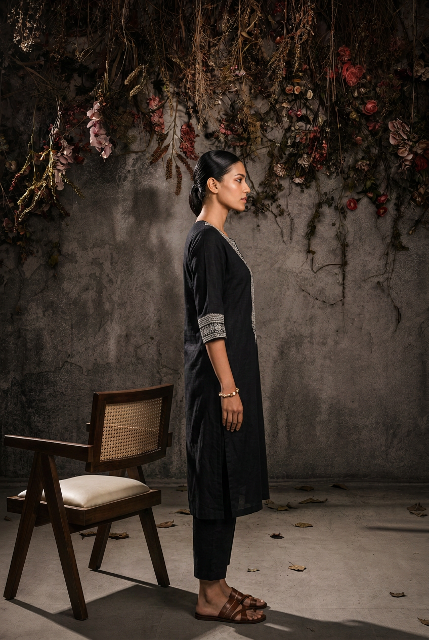 Linen Suit With Sequins, Thread Work.