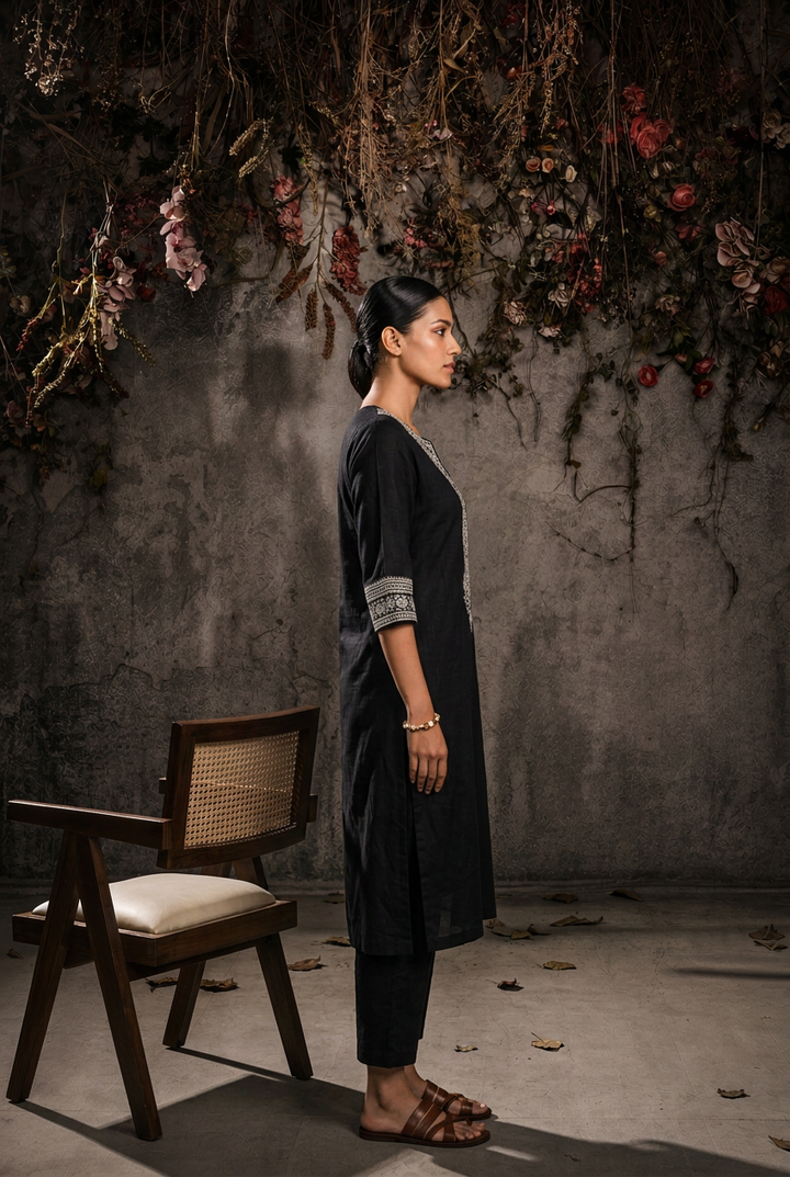 Linen Suit With Sequins, Thread Work.