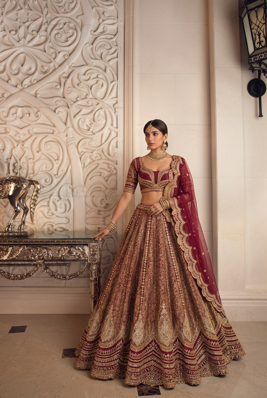 Silk Lehenga with Aari, Cutdana, Dori, Sequins, Stone, Thread, Zardozi, Zari work.