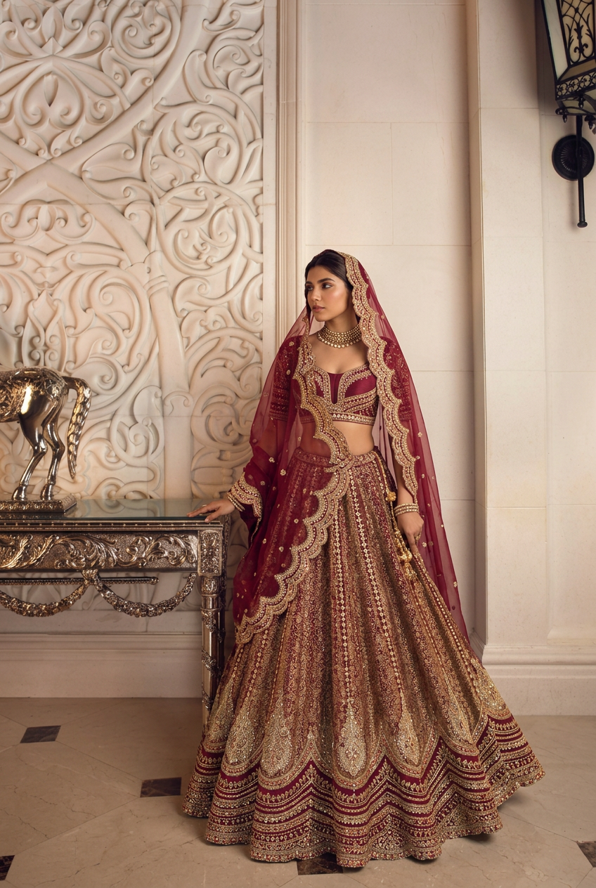 Silk Lehenga with Aari, Cutdana, Dori, Sequins, Stone, Thread, Zardozi, Zari work.