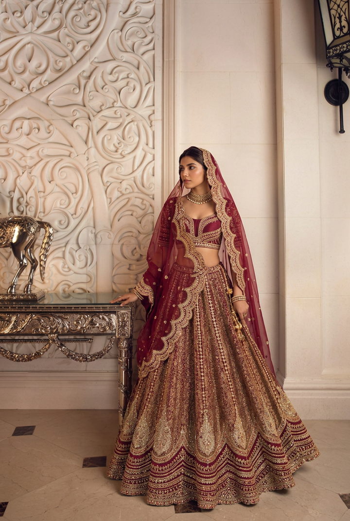 Silk Lehenga with Aari, Cutdana, Dori, Sequins, Stone, Thread, Zardozi, Zari work.