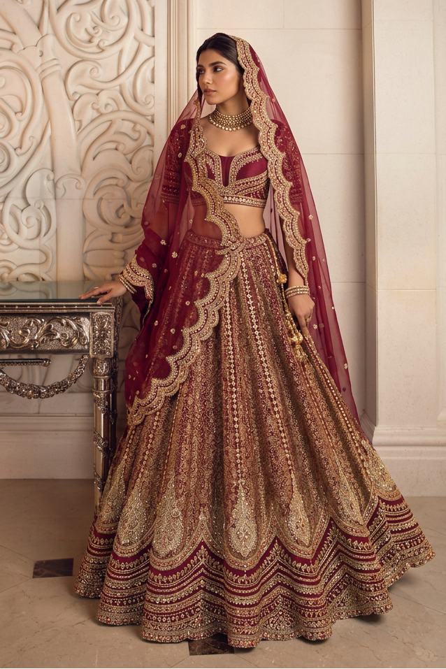 Royal Wine Silk Bridal Lehenga with Aari, Zardozi, Cutdana & Zari Work