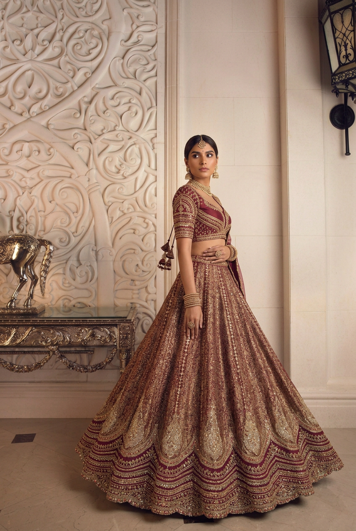 Silk Lehenga with Aari, Cutdana, Dori, Sequins, Stone, Thread, Zardozi, Zari work.
