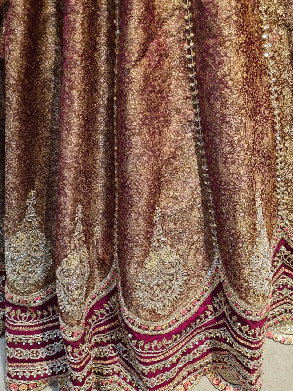 Silk Lehenga with Aari, Cutdana, Dori, Sequins, Stone, Thread, Zardozi, Zari work.