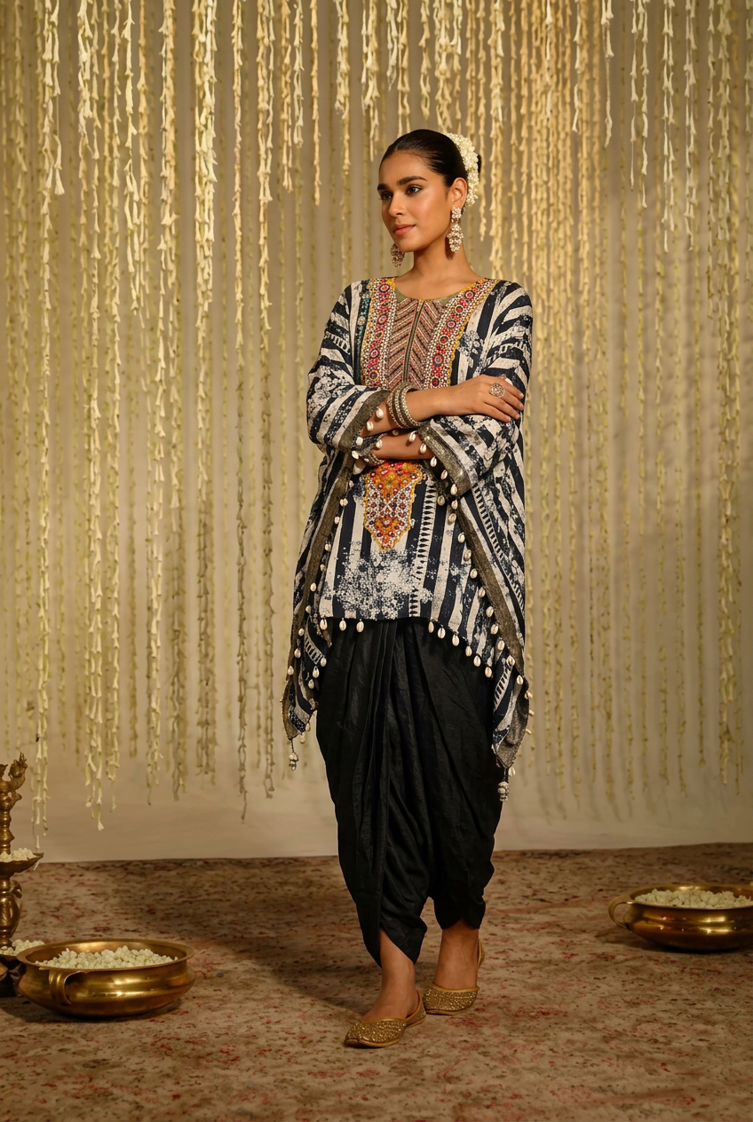 Crepe silk Kaftan with Cutdana, Sequins, Thread work.