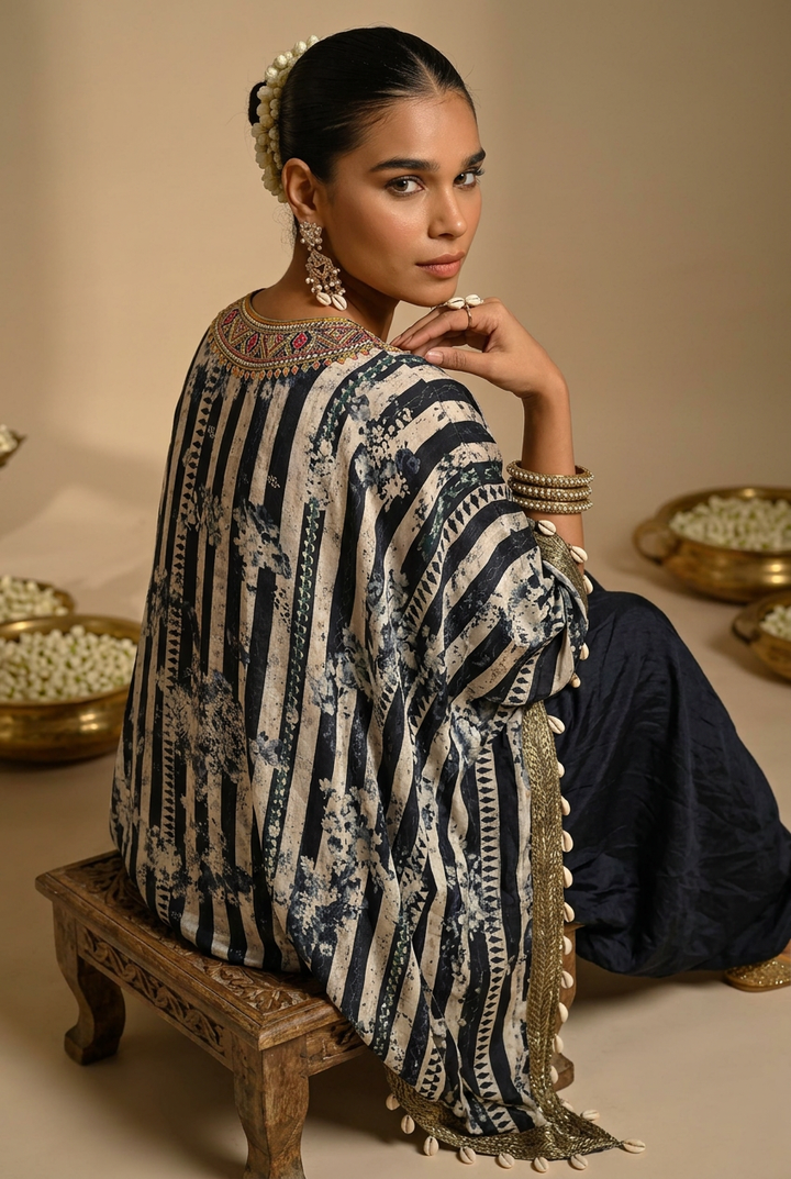 Crepe silk Kaftan with Cutdana, Sequins, Thread work.