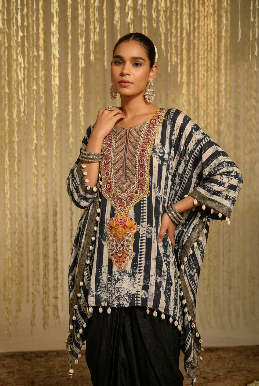 Crepe silk Kaftan with Cutdana, Sequins, Thread work.
