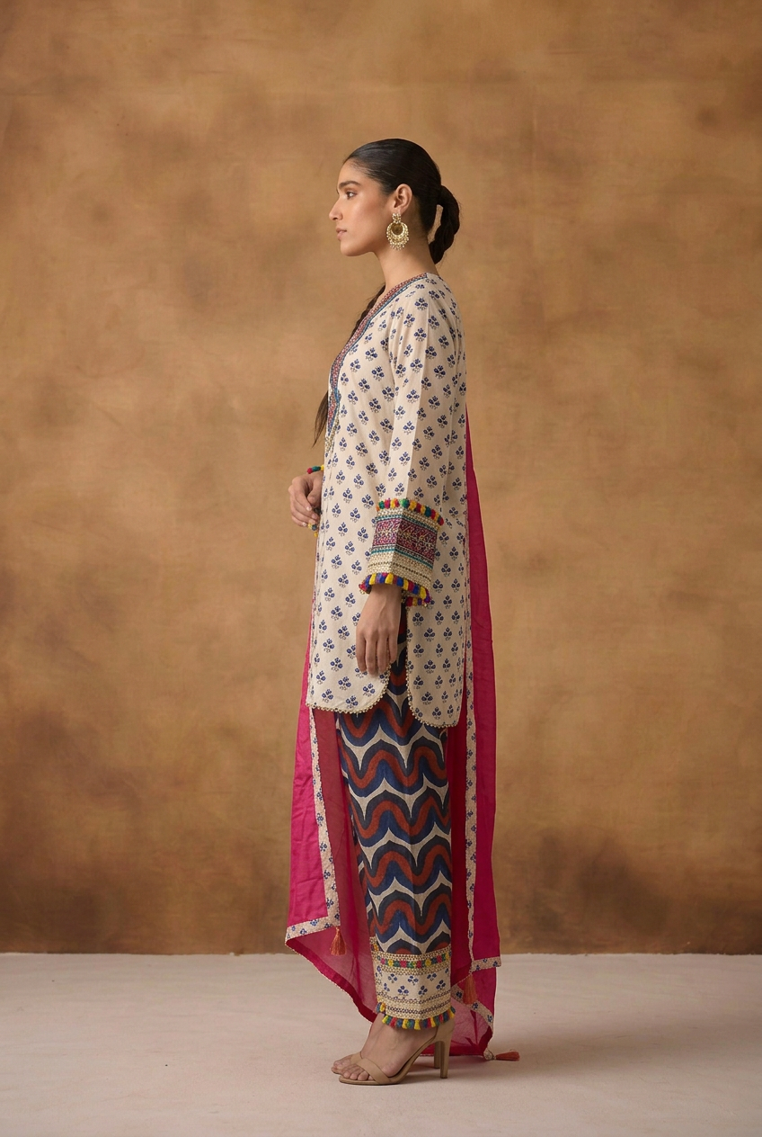 Crepe silk Suit with Mirror, Pearl, Thread work.