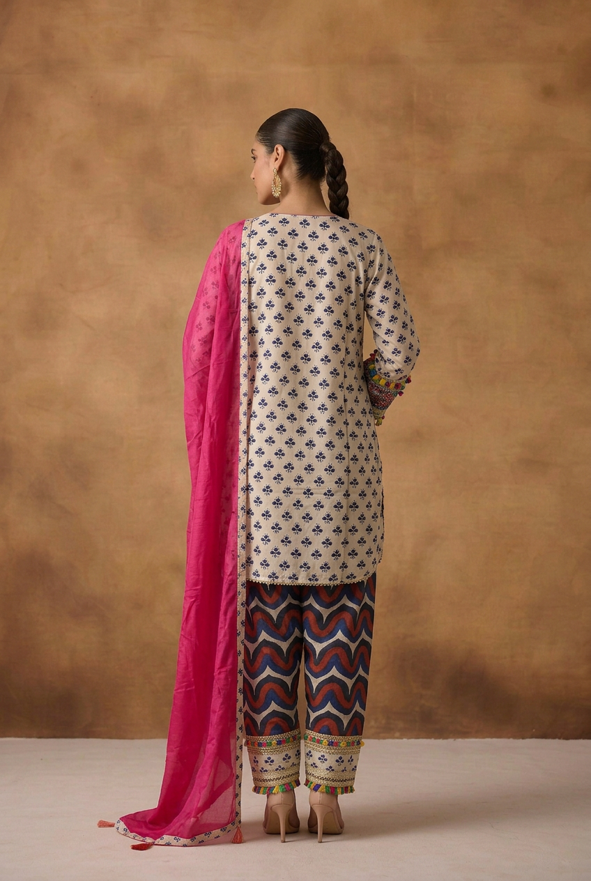 Crepe silk Suit with Mirror, Pearl, Thread work.