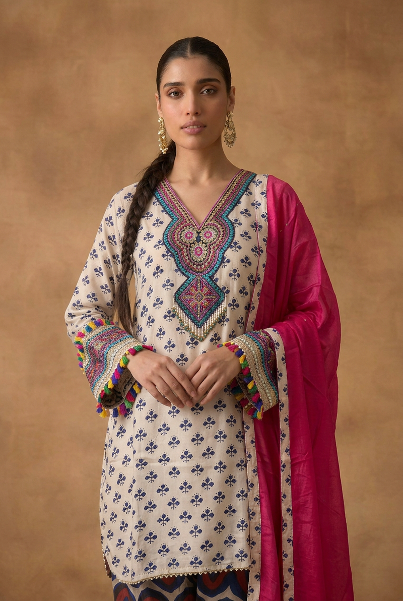 Crepe silk Suit with Mirror, Pearl, Thread work.