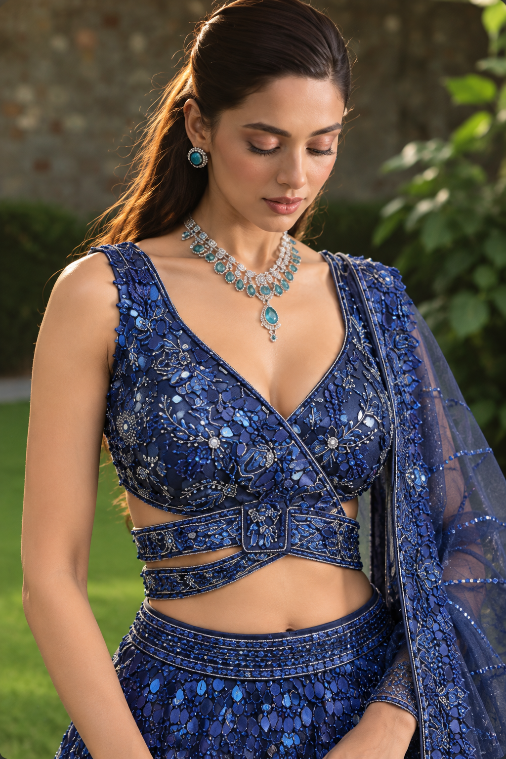 Net Lehenga with Aari, Cutdana, Sequins work.