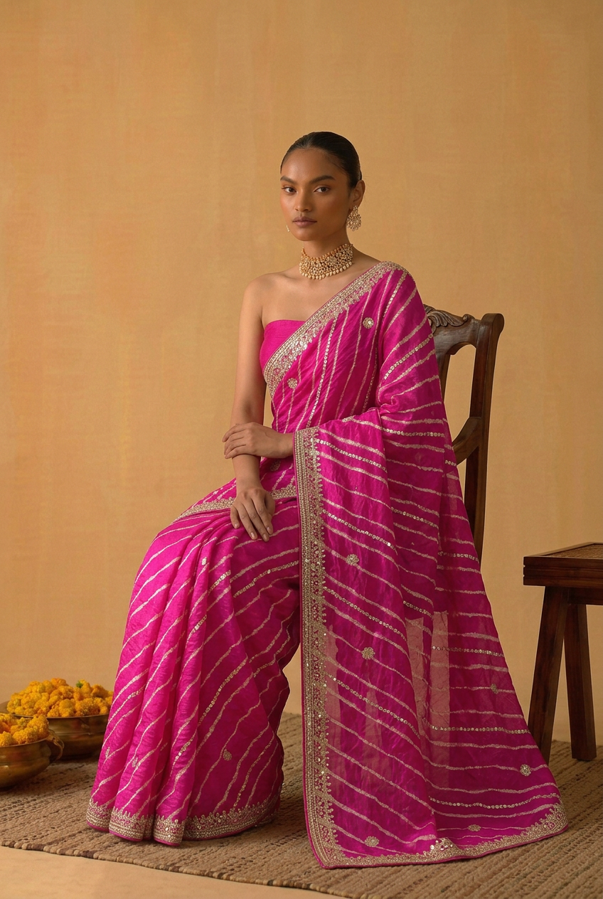 Leheriya Tussar silk Saree with Gota Patti work