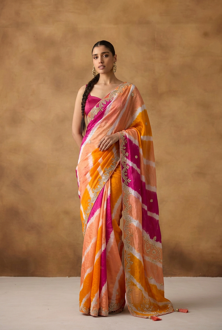 Leheriya Tussar silk Saree with Gota Patti work