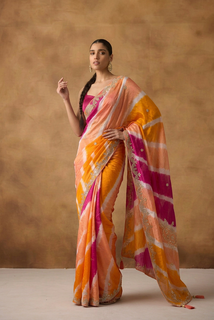 Leheriya Tussar silk Saree with Gota Patti work