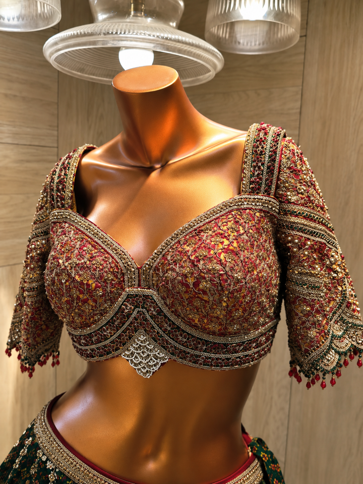 Silk Lehenga with Aari, Cutdana, Dori, Gota Patti, Sequins, Stone, Thread, Zardozi, Zari work.