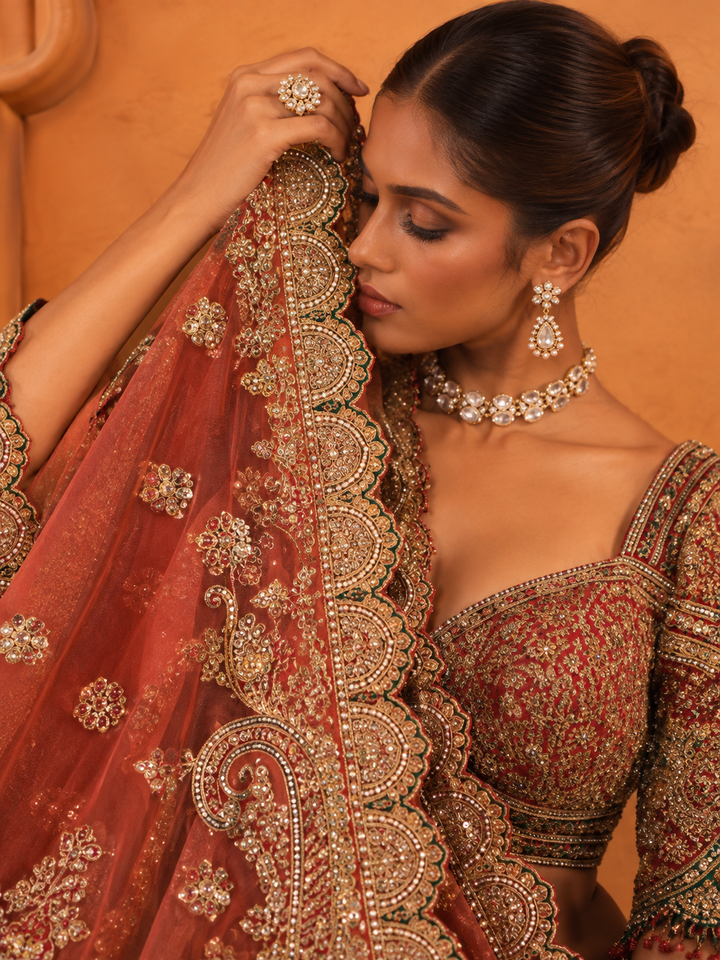 Silk Lehenga with Aari, Cutdana, Dori, Gota Patti, Sequins, Stone, Thread, Zardozi, Zari work.