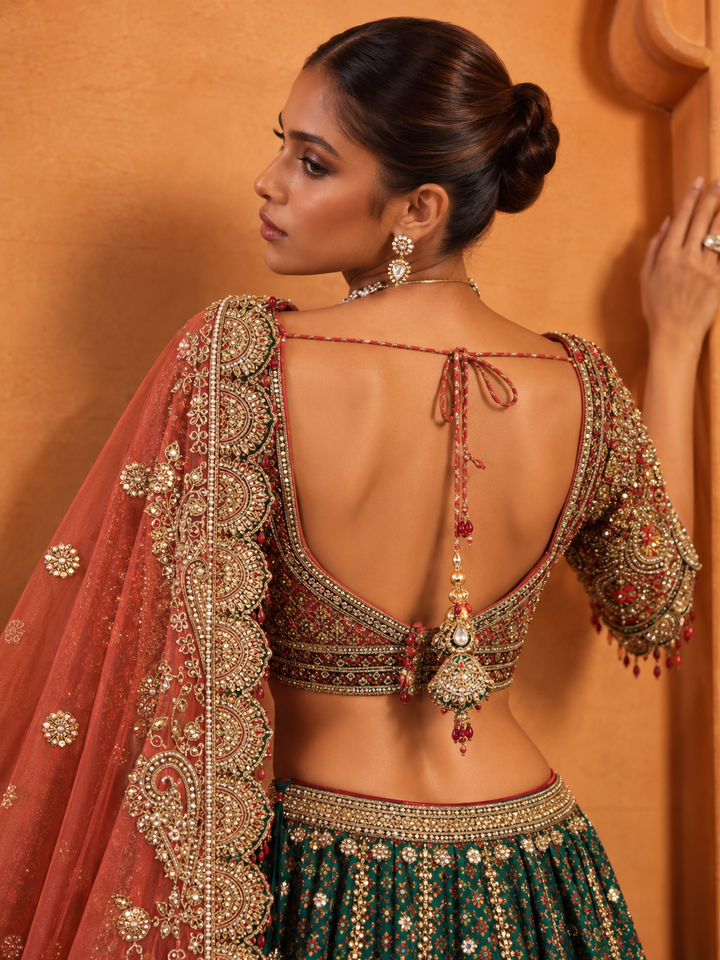 Silk Lehenga with Aari, Cutdana, Dori, Gota Patti, Sequins, Stone, Thread, Zardozi, Zari work.