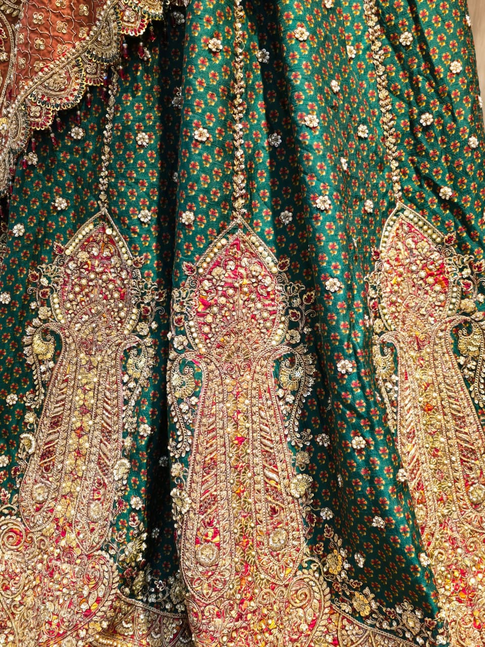 Silk Lehenga with Aari, Cutdana, Dori, Gota Patti, Sequins, Stone, Thread, Zardozi, Zari work.